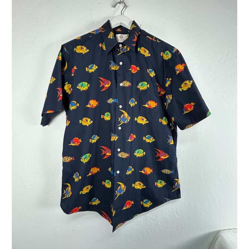 Vintage Viyella Mens Large Navy Fish Print Camp Shirt Button-Up 100% Cotton USA